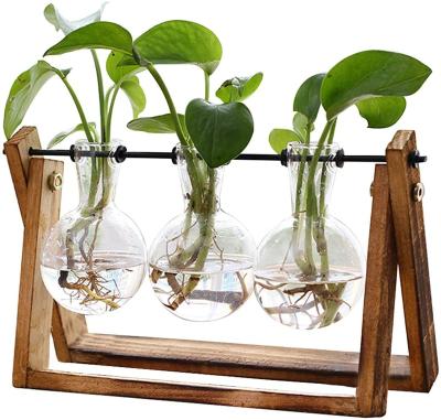 China Eco-Friendly Table Stand 3 Bulb Mini Hydroponics Air Planter Hydroponics Greenhouse Plant Decoration Desktop Garden Wooden Retro FlowerStand Glass Vase for sale