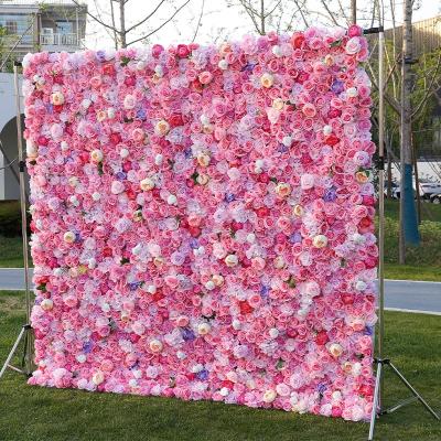 China Row Rose Panel Flower Wall Backdrop Wedding Decoration Event Roll-up Faux Silk White Artificial Silk for sale