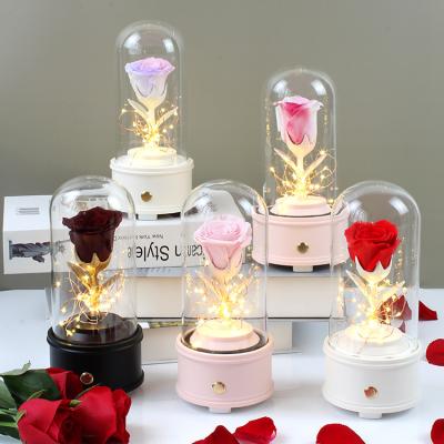 China Durable Good Quality Preserved Glass Flower Dome Rose Valentine Gift Music Box Preserved Box for sale