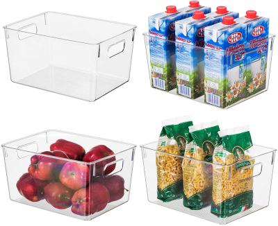 China Clear Plastic Organizer Stocked Storage Container Bins With Cutout Handles Cabinet Storage Bins For Kitchen Food Pantry Fridge for sale