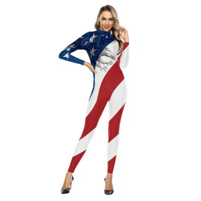 China Hot Sale Halloween Party Costume 2022 USA Fashion Halloween One Piece Outfit For Women Casual Romper Jumpsuit American Flag Print Costumes for sale