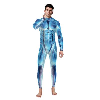 China Halloween Party Costume Hot Sale Creative Color Blue Halloween Party Props Fluorescent Human Skeletal Muscle One-Piece Overalls For Men for sale