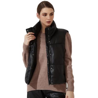 China New winter women's vest reversible with thick standing collar PU warm sleeveless leather down cotton vest for women for sale