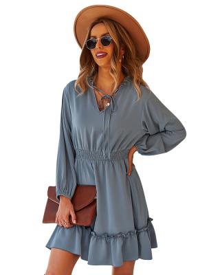 China Anti-Wrinkle Long Sleeve V-Neck Lace Lace Midi Length Elegant Casual Dress for sale