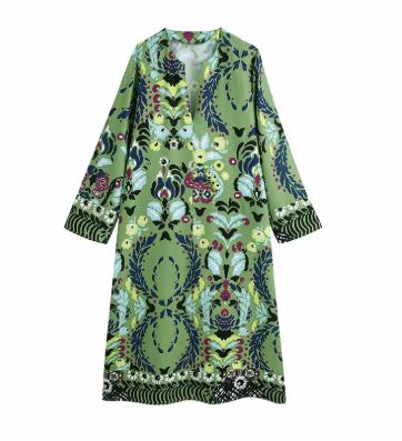 China Floral Print Notch Viable Neck Tunic Long Sleeves Casual Dress for sale