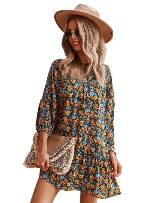 China 2022 Breathable European And American Fashion V-neck Floral Printed Breath Sleeve Plus Size Dress Loose Fit Casual Dress for sale