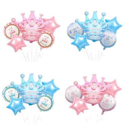 China Hot Selling Baby Shower Decoration 5pcs Crown Foil Balloons Bunch Set Amazon Baby Shower Helium Balloon For Happy Birthday Baby Party Decoration for sale