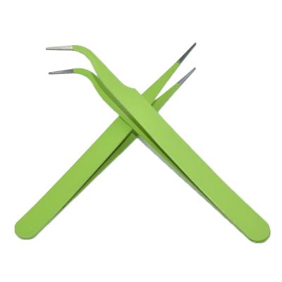 China Durable 2 PCS Herb Tweezers Green Metal Eyelash Tweezers Hot Pink Rose Applicator Straight Curve for sale