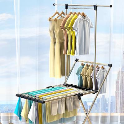 China Modern Multi-Functional Silver Clothes Rack Hanging Folding Aluminum Laundry Clothes Rack Drying Hanger for sale