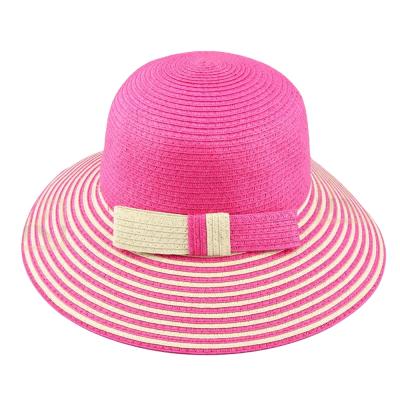 China Wholesale Eco-Friendly JAKIJAYI Bow Decoration Papyrus Ladies Summer Mixed Color Brim Bucket Straw Hat For Women for sale