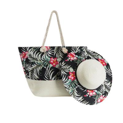 China Wholesale Summer Women Wide Brim Picture Flowers Print Straw Hat With Cotton Canvas Straw Shoulder Beach Bag Large Size Soft Set for sale