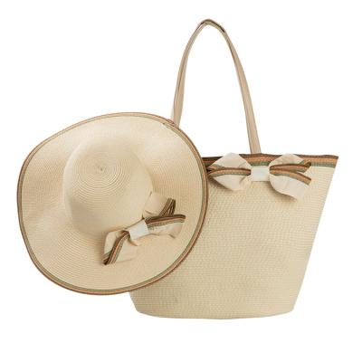 China Hot Sale Wholesale Eco-friendly Raw Material Ladies Beach Custom Eco-friendly Tote Bag And Beach Set Raw Material Bow Straw Hat Fashion Tote Bag Sun Hat Bow for sale