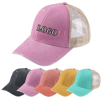 China Wholesale JOINT JOINT Vintage Baseball Caps Simple Customized Hats Embroidered Retro 6 Panel Ponytail Baseball Cap Men With Mesh Back for sale