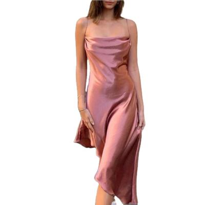 China Anti-Wrinkle Formal Dress Solid Spaghetti Strap Midi Backless Loose Dress Ruffles Sleeveless Sexy Silk Dresses for sale