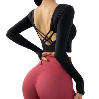 China Breathable Workout Clothes Beauty Short Long Sleeve Sexy Tight Back T-shirt Women Sports Yoga Cross Top for sale