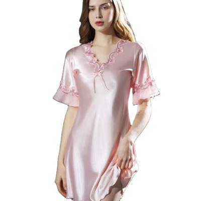 China New Ice Silk Ladies Sexy QUICK DRY Silk Pajamas Half Sleeve Nightgown Pajamas For Women for sale