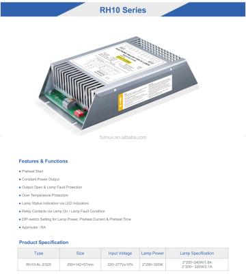 China Preheat Hot Sale RH10-AL-2/320 200W 250W 300W Start Germicidal Disinfection Lamp Electronic Ballast For UV-C Lamp for sale