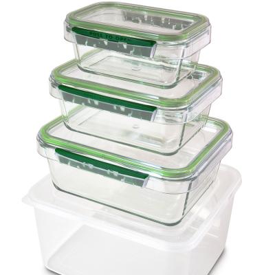 China [3pcs set] Microwavable Instant Lock Glass Food Storage Container with (Tritan, San) Rectangular Lid with PP Outer Box (485ml, 970ml, 1730ml) for sale