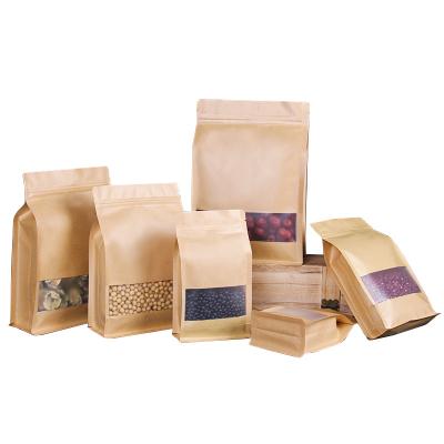 China Recycled Materials Food Grade Flat Bottom Side Gusset Nuts Food Kraft Paper Packaging Bag With Zip Lock And Window for sale