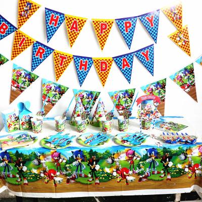 China 2020 Disposable Paper Tableware Sonic Theme Disposable Paper Birthday Party Decorations Bombs Cups Straws Tablecolth for sale