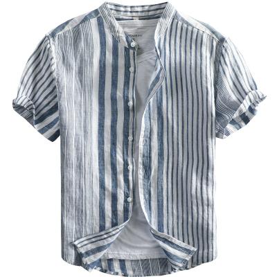 China Breathable Canvas Casual Matching Striped Short Sleeve Shirt For Men for sale