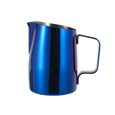 China Wholesale Stocked Shiny Blue 450 600ml Stainless Steel Milk Foaming Fail Pull Cup Latte Coffee Jug Sharp Spount Milk Pitcher for sale