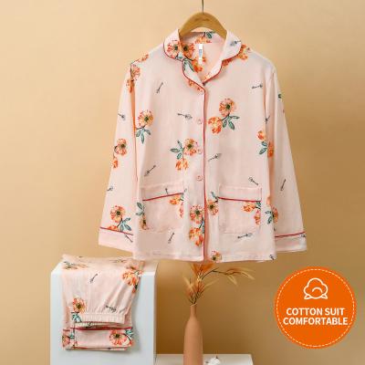 China Cute 100% Cotton Print Breathable Cotton Ladies Long Sleeve Pajamas Homewear Set for sale