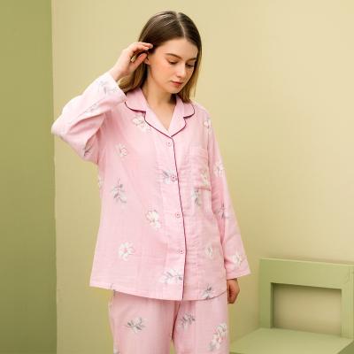 China Breathable Pajamas Suit Ladies Spring And Summer Cotton Gauze Cherry Blossom Loose Womens Thin Pajamas for sale