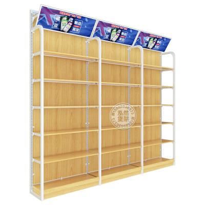 China Manufacturer Good Quality Steel Wooden Shelf Store Display Racks Single Sided Shelving Like Miniso Style for sale