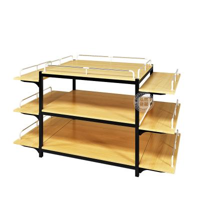 China Miniso Style Steel-Wood Commercial Display Stand General Store Display Rack For Showing Food Drinks Use In Store Mall Grocery for sale