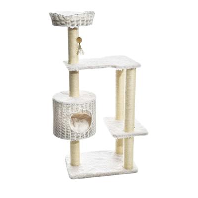 China Large Sustainable Rattan Cat Tree with Feeding Bowl, Cat Cave Condos Sisal Poles Hammock, Climbing Tree for Cats for sale