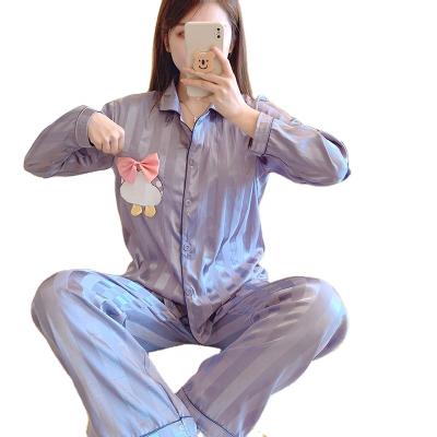 China Fashion Korean ladies sleepwear set two-piece silk women's pajamas cute cartoon long-sleeved pants for sale