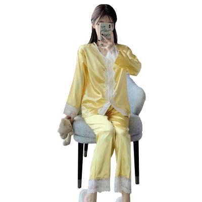 China Fashion 2022 new spring ice silk pajamas ladies silk sleepwear set simple lace fashion silk pajamas women for sale