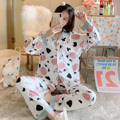 China Manufacturers Wholesale Women's Korean Soft Autumn Pajamas Long Sleeve Breathable Cardigan Pants Home Wear Cotton Double-Length Suit for sale