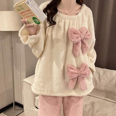 China Keep Warm Winter Flannel Ladies Pajamas Square Neck Bowknot Style Thicken Warm Women's Sleepwear for sale