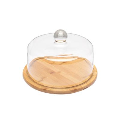 China Sustainable Wholesale Custom Bamboo Round Cake Stand Dish Serving Creative Food Trays With Glass Dome for sale