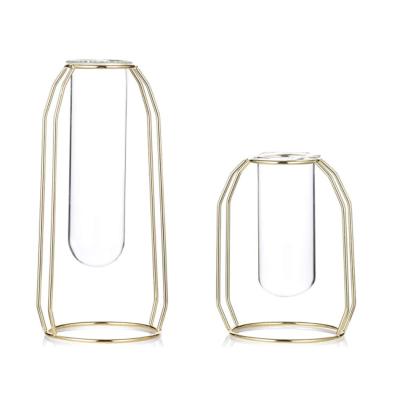 China Hydroponic Glass Plants Propogation Station Style Test Tube Vase Metal Frame Modern European Decorative Desktop Gold Glass Vase for sale