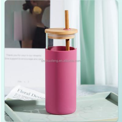 China Sustainable High Quality Colorful Glass Sleeve Water Drinking Bottle With Bamboo Lid And Silicone Straw for sale