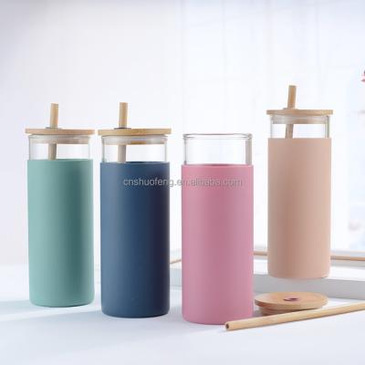 China Sustainable Custom Cheap Glass Water Silicone Drinking Sleeve Bottle With Straw And Lid For Milk Or Juice for sale