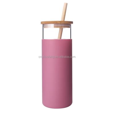 China Sustainable Wholesale Sports Silicone Sleeve Glass Water Bottle With Bamboo Lid For Drinking for sale