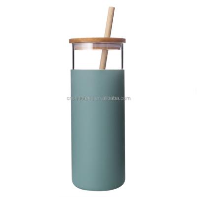 China Amazon Viable Hot Selling Glass Water Bottle with Straw Silicone Sleeve and Bamboo Wooden Lid for Milk Juice for sale