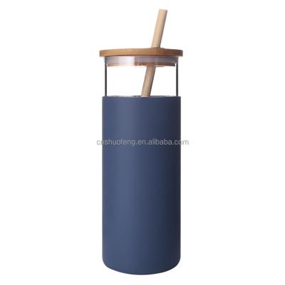 China Sustainable Wholesale Custom Glass Water Tumbler Bottle With Bamboo Lid And Silicone Sleeve For Drinking for sale