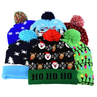 China Plush Christmas Hats Santa Elk Knitted Beanie Hat Sweater With LED Light Up Cartoon Christmas Gift For Kids New Year Supplies for sale