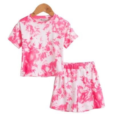 China Girls Summer Casual Color Tie Dye Solid Color Printed Two Piece T-shirt Pants Suit for sale