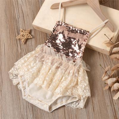 China Infant Baby Romper Summer Flower Lace Tutu Backless Jumpsuit Infant Sleeveless Bride Sequins Sweet 2 1st Year Birthday Jumpsuit for sale