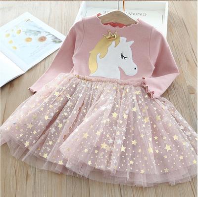 China Anti-wrinkle 2021girls long sleeve star mesh pony crown kids autumn dress princess dress clothing Christmas quilted dress for sale