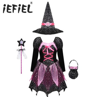 China Child Girls Halloween Witch Costume Comfortable And Breathable Twinkle Stars Printed Carnival Cosplay Dress With Pointed Hat Magic Wand Dress Up Clothes for sale