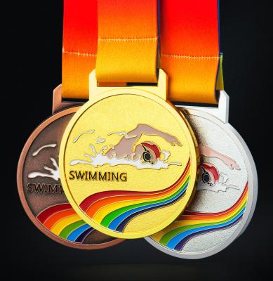 China Europe Gold Medal Sports Achievement Antique Copper Silver Metal Swimming Medals With Ribbon for sale