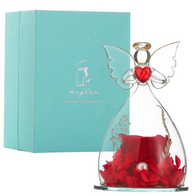 China Wholesale Durable Angel With Preserved Rose In Glass Dome Eternal Fresh Decorative Rose Flowers For Christmas Gifts for sale