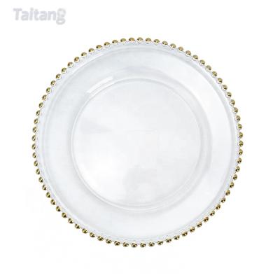 China Wedding Charger Plate-13inch Gold Rim Glass Charger Plate Wholesale Art Decor Event Party Tableware for sale